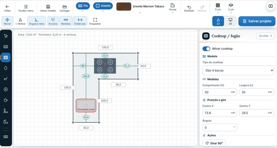 Editor 2D: bancada em L com cuba esculpida e cooktop a gás