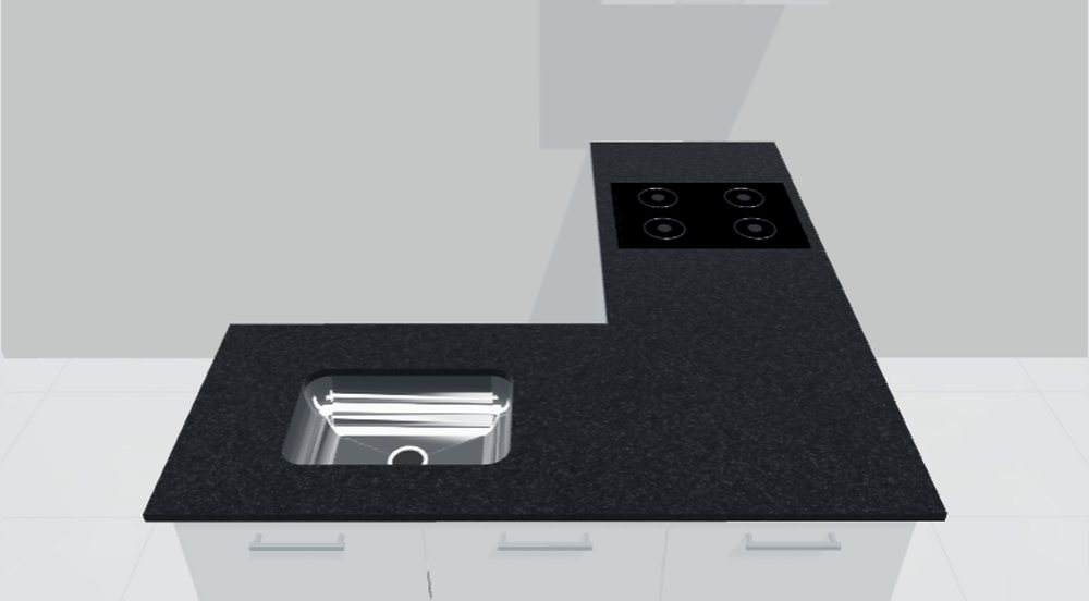 Editor 3D do LapidusCore: bancada em L de cozinha com cuba inox e cooktop, Granito Preto São Gabriel, cozinha com armários brancos e parede gelo