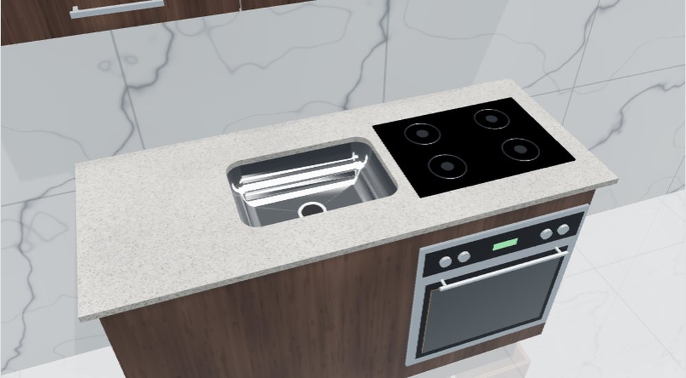 Editor 3D do LapidusCore: bancada reta de cozinha com cuba, cooktop e área molhada, Granito Branco Siena, armários em nogueira e parede de porcelanato carrara