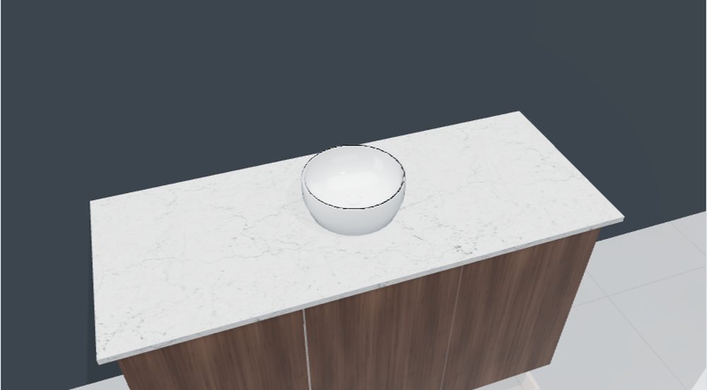 Editor 3D do LapidusCore: bancada de banheiro com cuba de apoio redonda sobre balcão, Mármore Carrara, balcão de nogueira e parede grafite