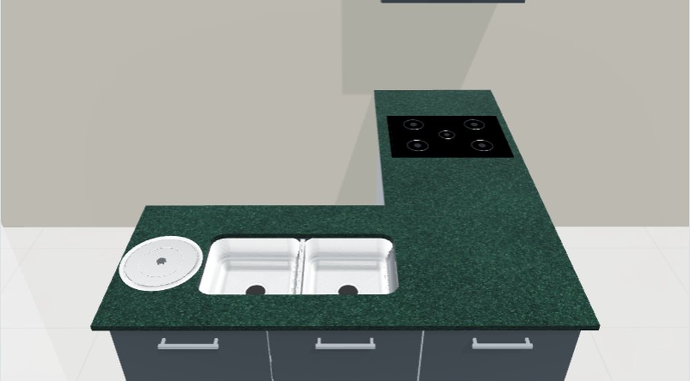 Editor 3D do LapidusCore: bancada em L com cuba dupla, lixeira embutida e cooktop, Granito Verde Ubatuba, armários grafite e parede bege