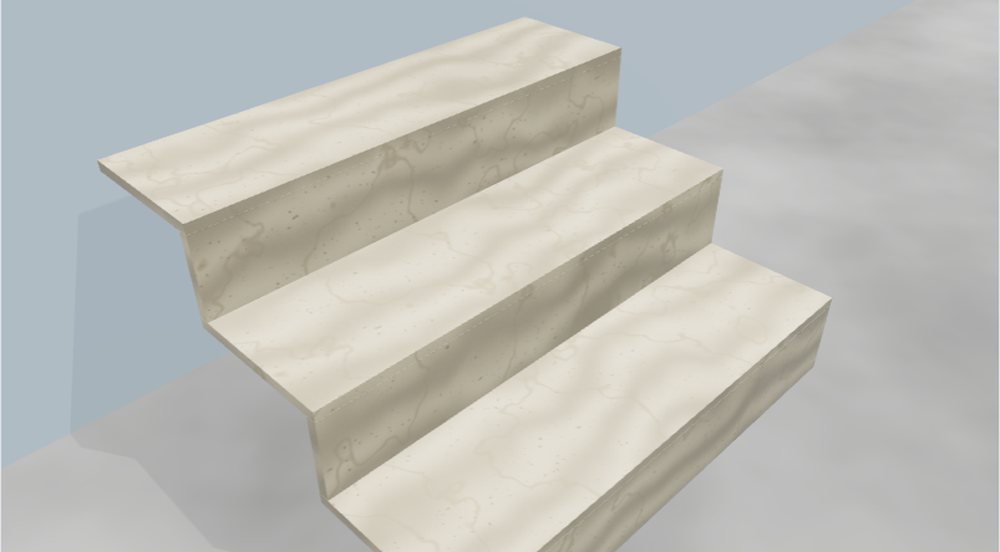 Editor 3D do LapidusCore: escada de pedra com três degraus, Travertino Romano, parede azul acinzentada e cimento queimado